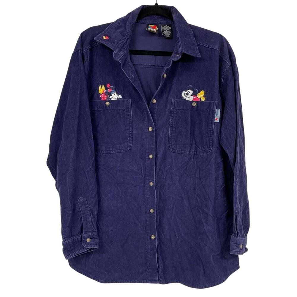 Vintage Disney Blue Corduroy Mickey & Minnie Embroidered Butterfly Down Shirt M